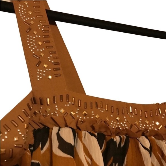 Boho Beaded Wide Strap Flowing Brown and Black Tank Top Shell - Picture 2 of 5